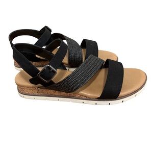 Natural Reflections Women’s 8 Black Canvas Cork Wedge Sandals Ankle Buckle